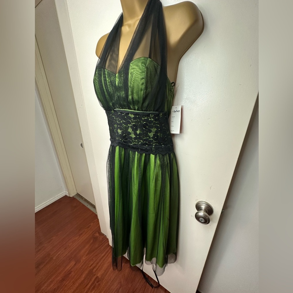 Juliet Black Mesh Overlay Lime Green Vintage Y2K Floral Whimsigoth Dress NWT M - Picture 3 of 16